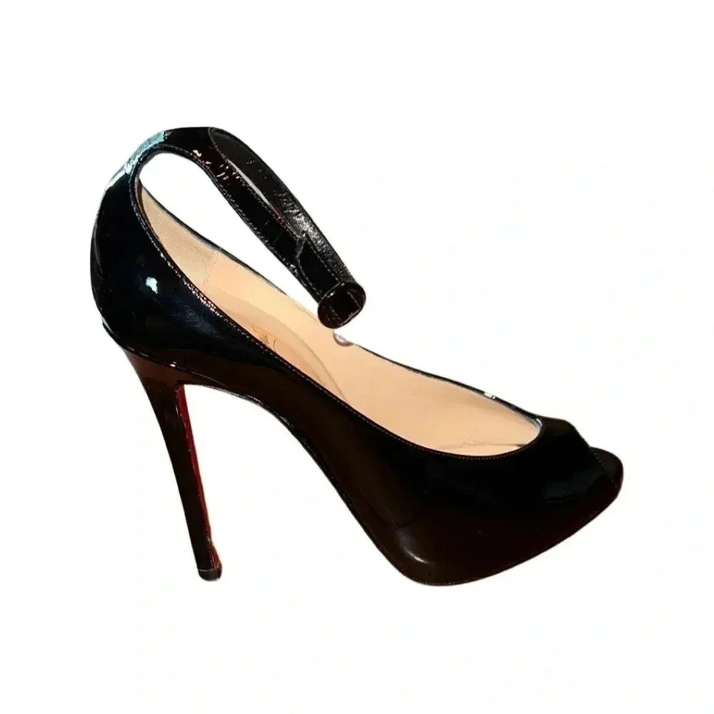Christian Louboutin Rampoldi Ankle Strap Patent Leather Peep Toe Pump Black 37